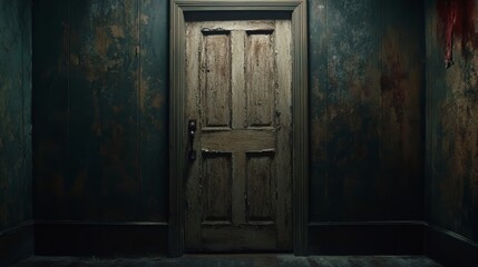 A weathered wooden door with chipped paint and cracks showcases its rustic texture, illuminated by soft, diffused light, inviting exploration and curiosity