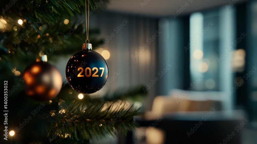 Poster a shiny ornament displaying the year 2027 adorns a christmas tree, illuminated by soft twinkling lig