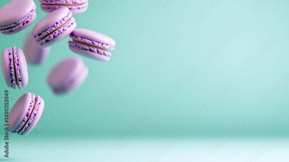 Poster a cluster of lavender macarons playfully gravitates against a soothing mint green background, creati