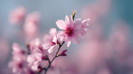 Obraz premium A spring garden bursts with color as delicate pink flowers bloom on branches, signaling the arrival of warmer days and vibrant life in nature. The lovely scene invites admiration and tranquility