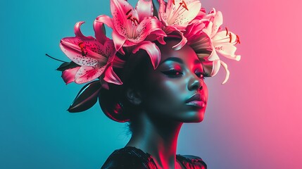 A stunning portrait of a young woman adorned with a floral crown, featuring vibrant lilies against a backdrop of soft blue and pink light. Her expression exudes confidence and serenity, enhancing the
