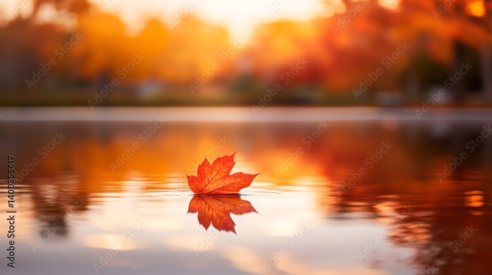 Aufkleber A lone autumn leaf drifts on the calm surface of a pond, its vibrant reflection capturing the enchanting hues of surrounding trees under soft light