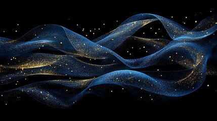Luminous abstract blue ribbons drifting in harmony with golden floating particles against black