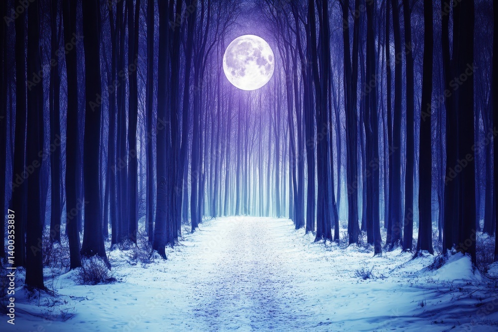 Poster enchanting winter forest under a luminous full moon casting ethereal light on a snowy path creating 