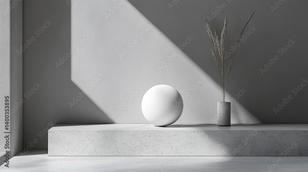 Poster modern minimalist arrangement of vases and skincare containers on a gray shelf with dried flowers