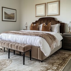 A luxurious bedroom with a warm, neutral color palette.