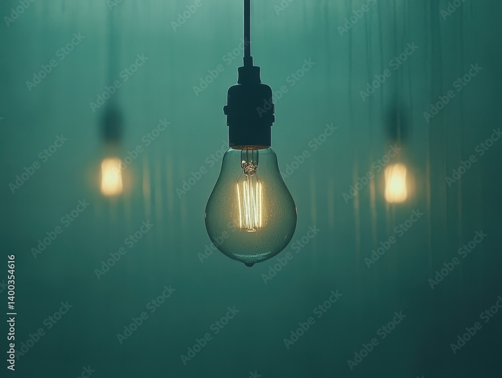 Poster glowing edison bulb illuminating serene atmosphere with soft light and shadows casting on teal backg