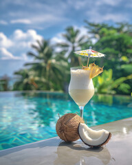 Pina Colada cocktail on the beach with coconut and exotic flower. High quality photo