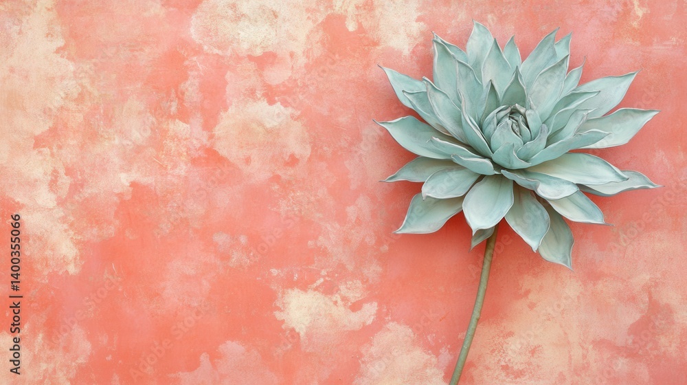 Poster elegant turquoise succulent flower on textured coral background creating a serene and artistic visua