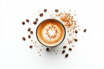 Photo of a cup with latte art surrounded by coffee beans and powder on a white background