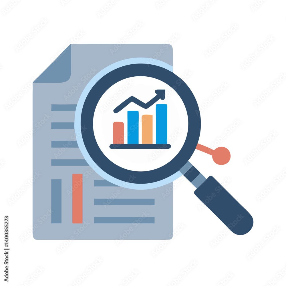 Poster data analytics with magnifying glass icon representing detailed analysis and insightful evaluation