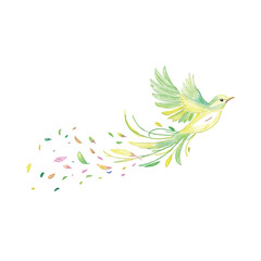Colorful Illustration of a Flying Bird with Decorative Leaves and Patterns  