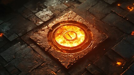 A glowing, fiery, circular portal embedded within a fractured, dark stone structure.