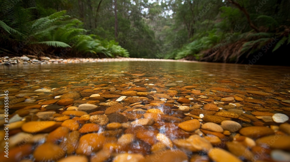 Poster a serene stream flows over polished pebbles, bordered by vibrant ferns and moss, with soft sunlight 