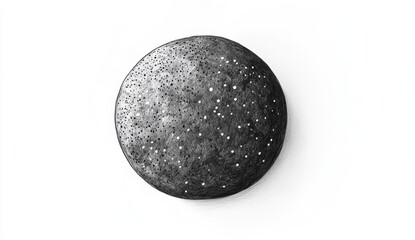 Circular, dark gray, textured celestial sphere.  Detailed,  hand-drawn depiction of a moon or planet with speckled, starry pattern