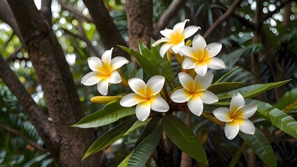 A majestic frangipani tree stands tall in a lush tropical setting, its slender branches stretching upwards, adorned with delicate white flowers with yellow centers, emitting a sweet fragrance that pe