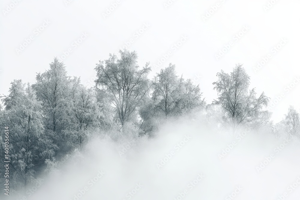 Poster morning light filters through misty coniferous forest at dawn, highlighting silhouettes of trees and
