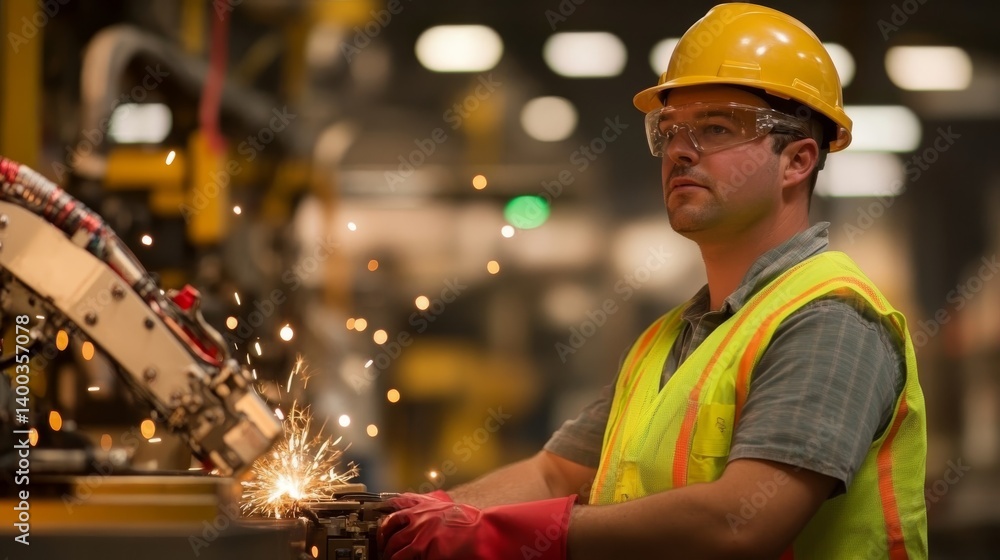 Poster A factory worker wearing a hard hat and safety vest inspects a large robotic arm. Sparks fly as he ensures quality control in an active assembly line environment