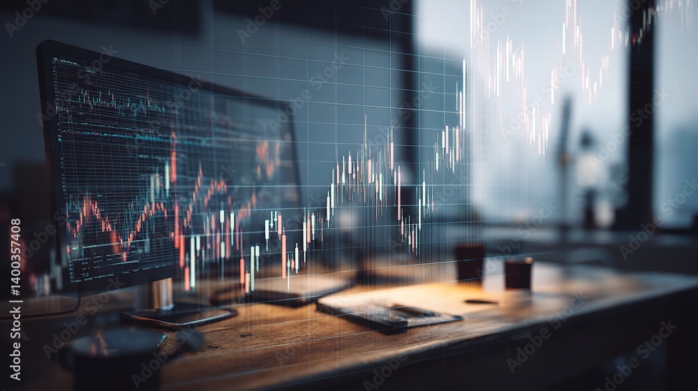 Poster stock market analysis on desk with graph and background elements