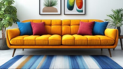 Vibrant modern living room featuring a yellow sofa with colorful cushions and abstract art