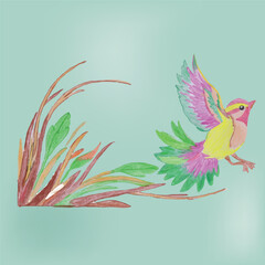 Colorful Bird Soaring Over Leaves on Tranquil Pastel Background  