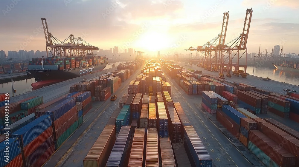 Poster aerial view of a busy international port at dawn with rows of cargo containers and towering cranes s