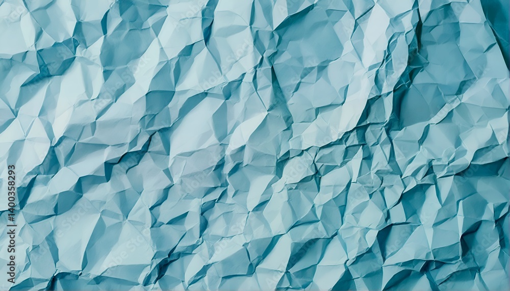 Poster a full frame close-up showcases heavily crumpled teal paper creating a textured and abstract background.