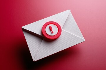 Closed white envelope with red exclamation mark highlighting potential risks, dangers, and urgent communication on a vibrant red background