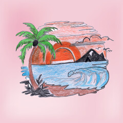 Tropical Sunset Beach Scene with Palm Tree and Rolling Ocean Waves 