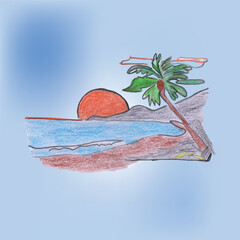 Tropical Sunset Drawing With Palm Tree and Relaxing Beach Scene 
