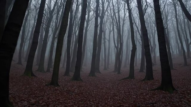Eerie forest scene with a low-angle view, capturing leafless trees in dense fog, evoking a mysterious, cinematic video atmosphere. Live desktop wallpaper.