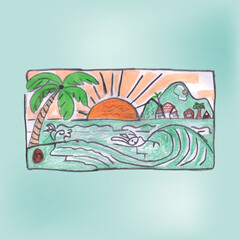Vibrant Tropical Scene Depicting a Sunrise Over the Ocean with Palms