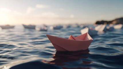 A single pink origami boat drifts serenely on a calm blue surface, surrounded by white origami boats, with soft ripples reflecting warm natural light