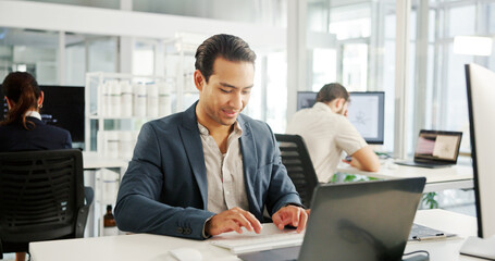 Financial, typing or businessman with laptop for research, economy news or profit evaluation. Budget, finance advisor or economist with information for company revenue growth, payroll or investment