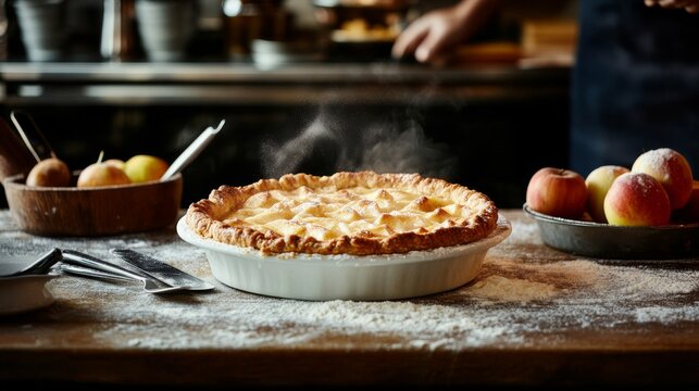 A rustic kitchen counter displays a golden apple pie, steam rising from its crust, with flour and apples adding to the homely baking atmosphere