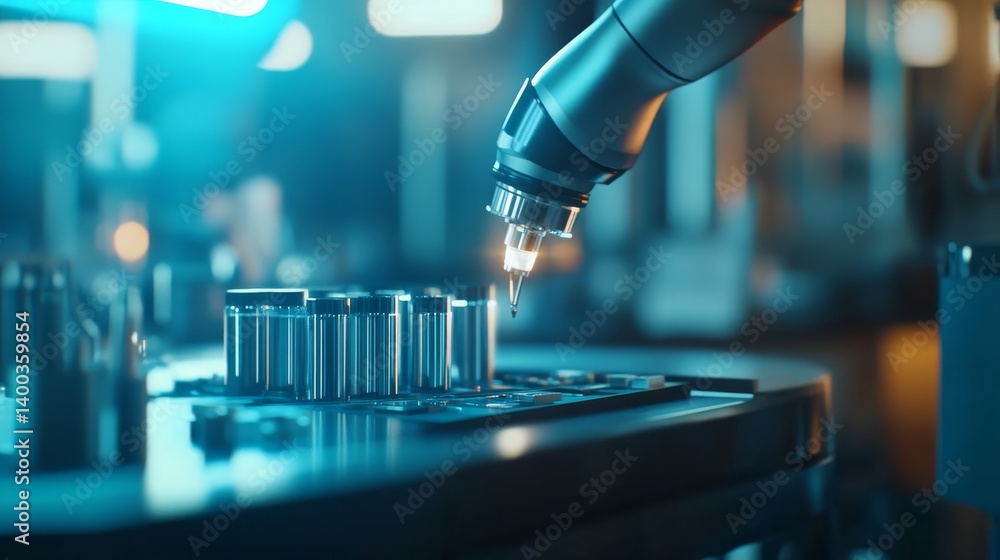Poster a silver robotic arm precisely assembles electronic components on a workstation illuminated by soft 