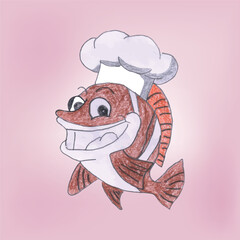 Cartoon Illustration of a Fish Chef Smiling on a Pastel Background 