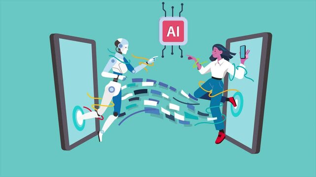 Woman and Generative Artificial Intelligence. Woman communicating with a robot through prompts. 2D animation