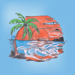 Tropical Sunset With Palm Tree and Ocean Waves in Vibrant Colors