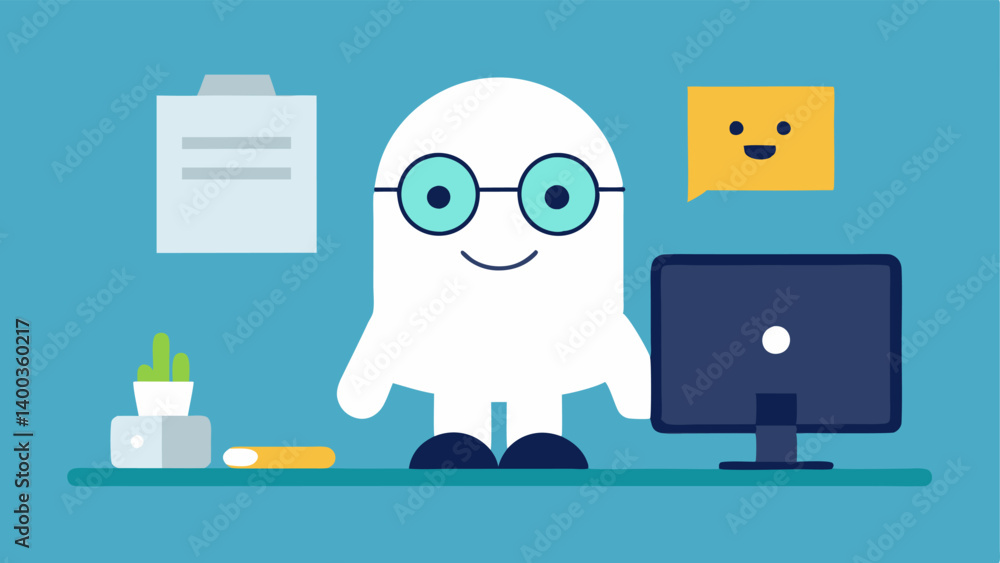 Poster techsavvy spirit the ghost is sitting at a computer desk typing on a keyboard with an oversized moni