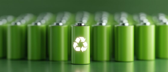 Green battery showing glowing recycling symbol surrounded by infinite green batteries on green background promoting renewable energy and eco-friendly practices