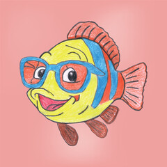 Colorful Cartoon Fish Wearing Glasses on a Pink Background