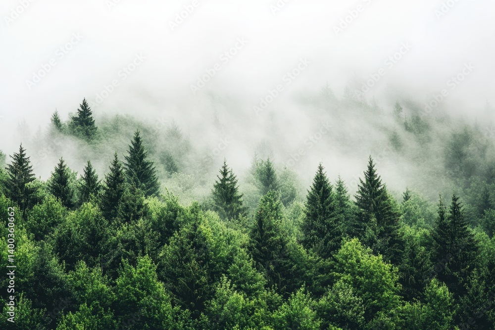 Poster Morning light filters through misty coniferous forest at dawn, highlighting silhouettes of trees and creating an ethereal atmosphere