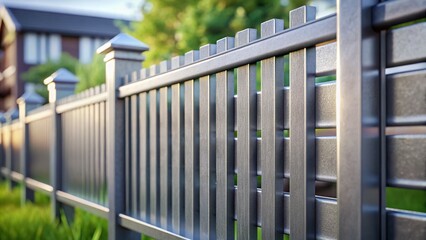 Fototapeta premium Modern Grey Aluminum Fence Detail: Macro Shot of Steel Barrier Protecting Home Garden