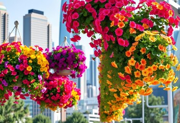Overflowing hanging baskets of vibrant flowers bloom against a modern city skyline, summer, city view