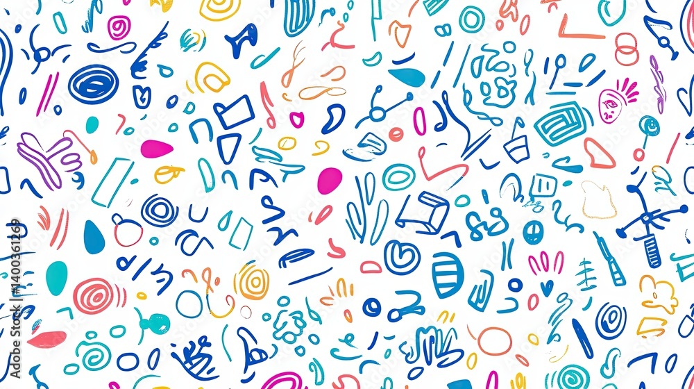 Poster dynamic composition of abstract, whimsical doodles creating a vibrant backdrop