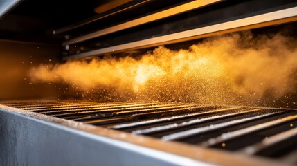 Dust and contaminants swirl near an industrial ventilation system, revealing concerns about poor air quality and indoor pollution from artificial lighting