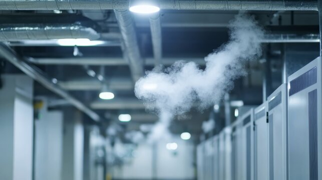 Dust and pollutants in the industrial ventilation system raise concerns about indoor air quality worsened by harsh artificial lighting