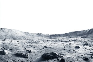 Lunar surface with rocks view isolated on white background