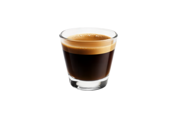 Fresh espresso coffee in small transparent glass cup with rich crema isolated on transparent background